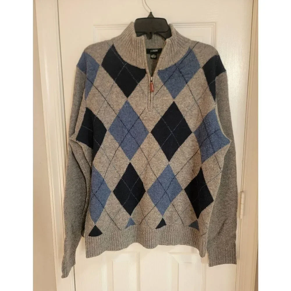 J.Crew Wool Argyle Grey Blue Sweater 1/2 Zip L